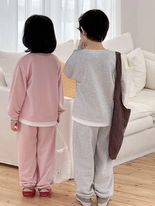 Genkimix Kids 2pcs/Set Girls Graphic Print Loose Fit Sweatshirt And Sweatpants Matching Sibling Outfit Fall Winter - Pink - View 2
