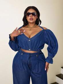 Slaydiva Plus Size Women's Button Front Crop Denim Top, Casual Fairycore Cowgirl For Summer Vacation - Dark Wash - View 6