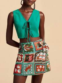 Travachic Women Vacation 2 Pieces Set,Front Tie Tank Top & Printed Mini Skirt,Light Green,Summer,Casual,Holiday,Bohemia Style Fall Outfits,New Fashion Clothes - Green - View 1