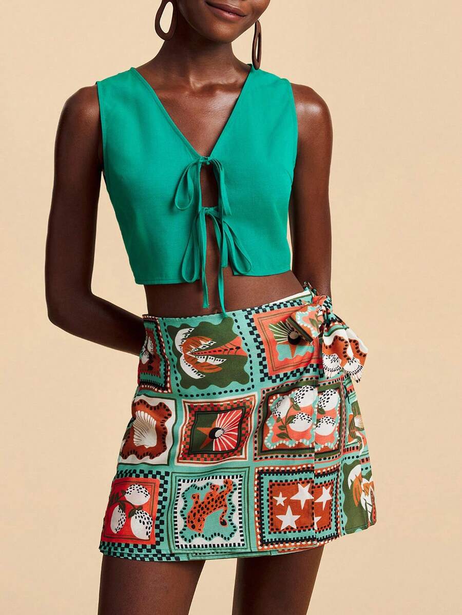 Travachic Women Vacation 2 Pieces Set,Front Tie Tank Top & Printed Mini Skirt,Light Green,Summer,Casual,Holiday,Bohemia Style Fall Outfits,New Fashion Clothes - Green - View 1