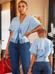 Slaydiva Veste en jean vintage à manches courtes pour femmes grande taille