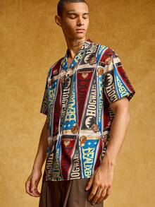 HARRY POTTER X SHEIN 男士休闲时尚街头度假风格全印花翻领短袖宽松衬衫，夏季 - 彩色 - 查看 5