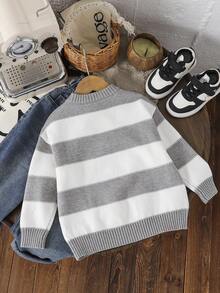 LMoss Kids 兒童1件裝小男孩風格條紋高領寬鬆保暖冬季毛衣，白色，秋季，職業日，學校，返校，聖誕針織毛衣 - 淺灰色 - 查看 2