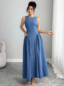 Selianne 年轻女士蝴蝶结褶饰修身牛仔连衣裙