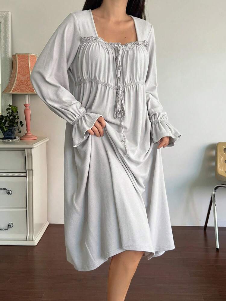 Frill Lace Trim Ruched Design Mid-Length Women Nightgown, Fall Warm Sleep Dress