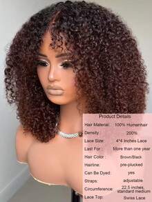 Density Pro Kinky Curly Glueless Wig With Bangs Put On And Go 4x4 Lace Closure Wig Per-Plucked Per-Cut Transparent Lace Human Hair Wigs 1b30 Ombre Brown Wig 200% Dnesity Brazilian Human Hair Wig For Beginners - SNatural/4 - View 4