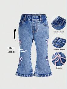 Baby Girls' Flare Jeans, Autumn/Winter New Arrival, Blue Denim, Outdoor & Casual Wear, Soft Cotton, High Elasticity, Embroidered Bowknot, Versatile Fashion Item, Elastic Waistband, Fitted Silhouette, Suitable For Home, Outings, Vacations, Photoshoots, Wardrobe Essential, Gatherings, Daily Wear (Top Not Included) Fall - Medium Wash - View 3