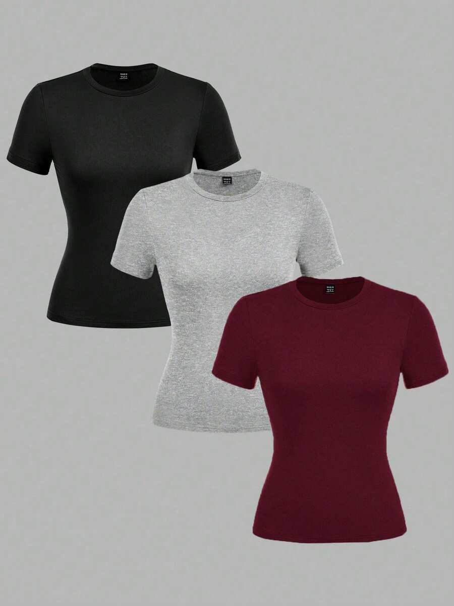 SHEIN EZwear 3pcs Women Casual Crew Neck Bodycon Long Sleeve T-Shirt Set, Suitable For SummerIn Fall/Winter - Multicolor - View 1