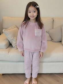 SHEIN Genkimix Kids 2件套女童毛绒格子长袖上衣和裤子休闲舒适柔软睡衣套装