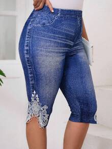 Chikora Plus Size Denim Effect Lace Patchwork Leggings - Blue - View 5