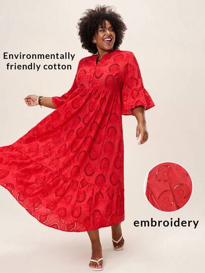 SHEIN LUNE 加大码连衣裙情人节红色连衣裙女士长裙夏季连衣裙夏季波西米亚风复古纯棉