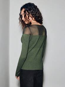 Lumivelle Women's Elegant Fashionable Minimalist Versatile Fitted Organza Semi-Sheer Off Shoulder Sweater, Autumn/Winter Fall Cloth For Women - Army Green - View 2