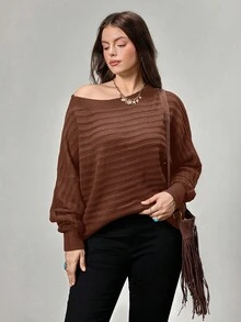 SHEIN LUNE 秋冬大码纯色露肩长袖套头衫 - 鏽棕色 - 查看 3