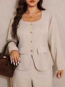 Elaquor Plus Size Elegant Solid Color Blazer And Pants Two Pieces Suit, Office Wear Classy Pant Suit Set Women Dressy Pant Suit Plus Size Two Pieces Outfit Two Pieces Pant Set Women Women Dressy Two Pieces Set Plus Size Pant Suit Beige Two Pieces Set