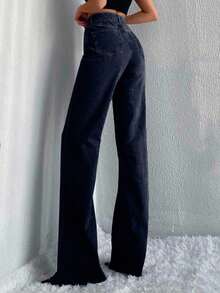SHEIN Tall 100%Cotton High Waist Raw Hem Wide Leg Jeans TALL - Dark Wash - View 2