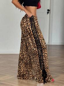 SHEIN EZwear 大码女式豹纹侧条纹宽松休闲裤，秋冬 - 彩色 - 查看 5