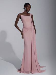 Elitara Elegant Fashionable Lotus Root Pink Knitted Lurex Off-Shoulder Asymmetric Neckline Ruched Waist Mermaid Hem Flare Sleeve Women's Evening Gown, Party Dress,Dress - Dusty Pink - View 6