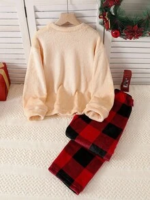2 件女童格子羊毛长裤和长袖休闲睡衣套装，兄弟姐妹装搭配服装（2 套单独出售） - 杏色 - 查看 2