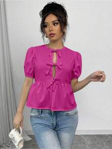 SHEIN Unity 女士开衫，泡泡袖衬衫，女士上衣，领结带 - 玫紅色 - 查看 3