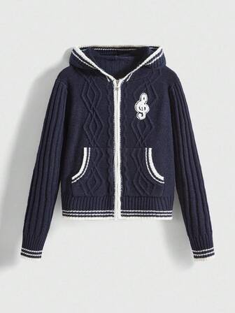 ROMWE Avant Women's Autumn Musical Note Pattern Long Sleeve Zip Front Casual Hoodie Cardigan