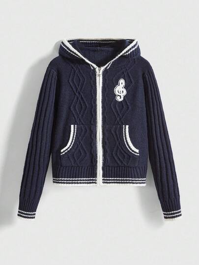ROMWE Avant Women's Autumn Musical Note Pattern Long Sleeve Zip Front Casual Hoodie Cardigan