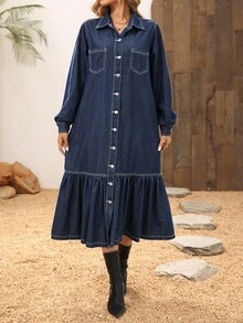 EMERY ROSE 女式休闲前扣牛仔连衣裙，秋季 - 藍色 - 查看 6