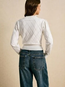 Poéselle Áo len đính hạt cổ tròn tay dài màu trơn thanh lịch cho nữ, phong cách công chúa cho mùa thu/đông - trắng - Xem 2