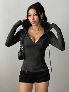 StreetHx 女士纯色半拉链休闲修身个性简约V领连帽运动衫，百搭