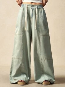 Bohemela 休闲宽松阔腿牛仔裤 - 軍綠色 - 查看 3