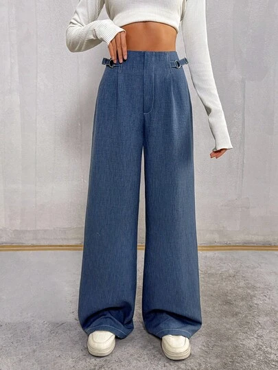 EURMUSE Women's Indigo Denim-Look Wide Leg Trousers – High Waist Regular Fit Palazzo Pants With Decorative Buckle, Chic Office Business Style, Full Length Relaxed Jeans Wide Leg Jeans High Waist Pants Loose Jeans Flare Leg Pants Oversized Jeans