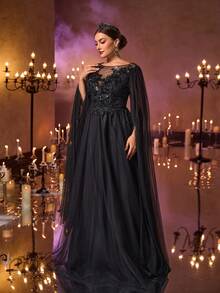 Glamrae Đầm maxi cỡ lớn sang trọng, lãng mạn màu đen đính hoa và hạt cườm, thích hợp cho đám cưới, tiệc tùng, các sự kiện kỷ niệm, dạ hội trang trọng, ngày Valentine. - màu đen - Xem 6