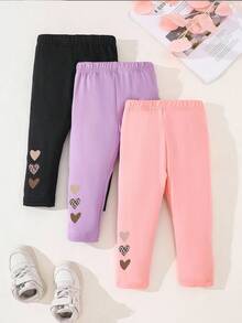 SHEIN Playful Pals 3 件套女婴可爱心形印花百搭休闲打底裤，适合所有季节，秋冬 - 彩色 - 查看 1