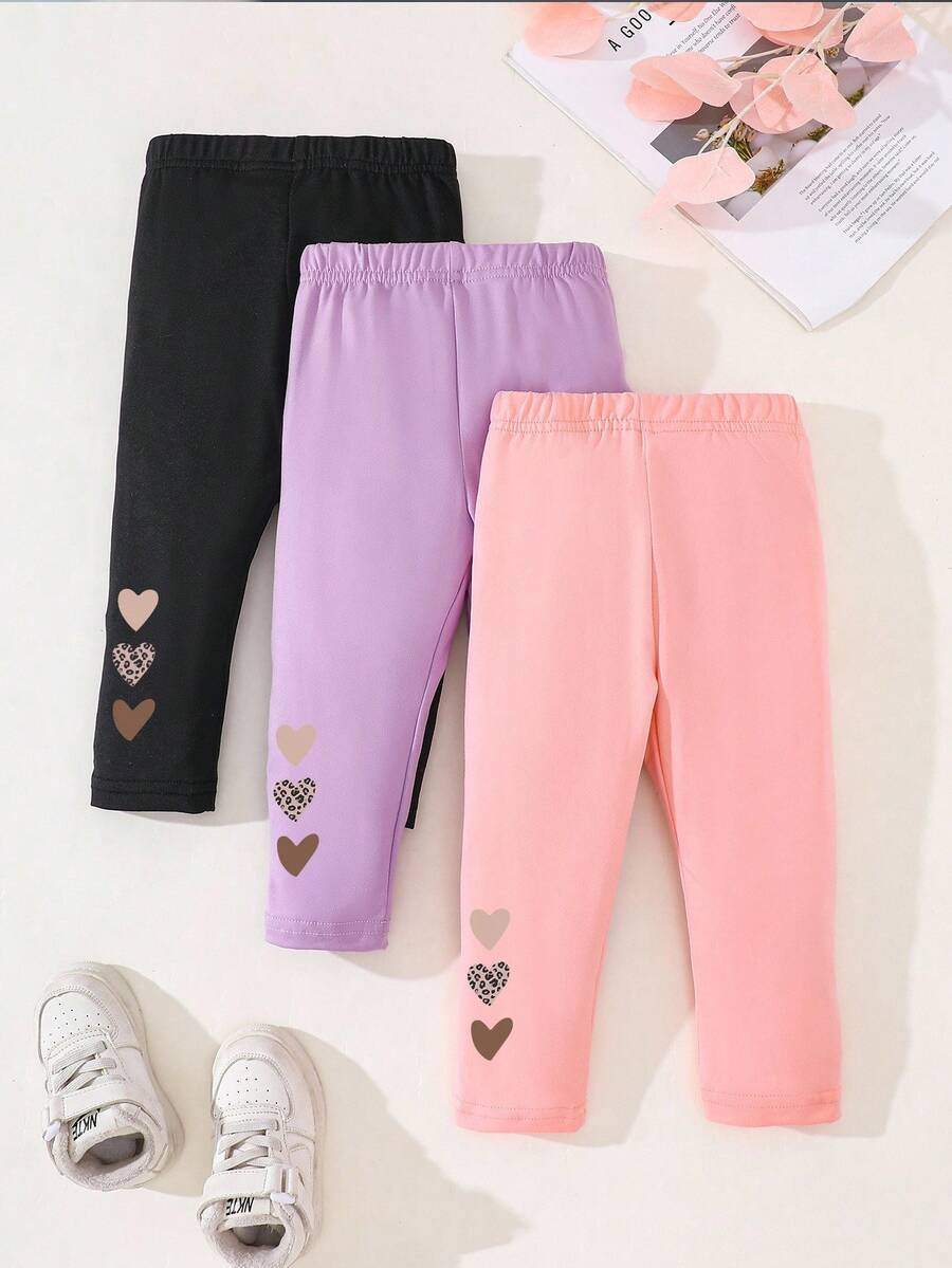 SHEIN Playful Pals 3 件套女婴可爱心形印花百搭休闲打底裤，适合所有季节，秋冬 - 彩色 - 查看 1