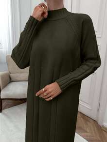 EURMUSE Damen Maxikleid mit hohem Kragen, Drop Shoulder und kuscheliger Passform - Armeegrün - Übersicht 3
