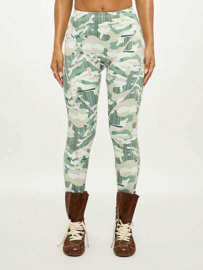 SUMWON WOMEN Camo Print Leggings With Striped Pattern High Waisted Stretch Pants For Casual Everyday Style