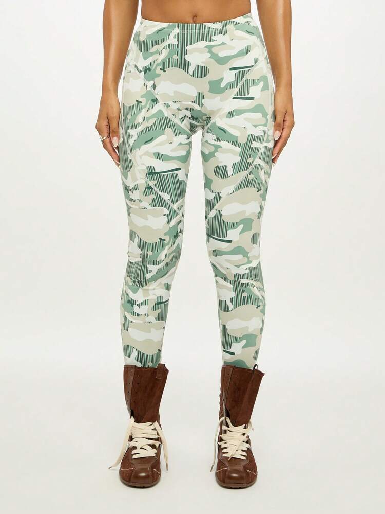 SUMWON WOMEN Leggings com Estampa de Camuflagem e Listras, Calça Elástica de Cintura Alta para Estilo Casual do Dia a Dia