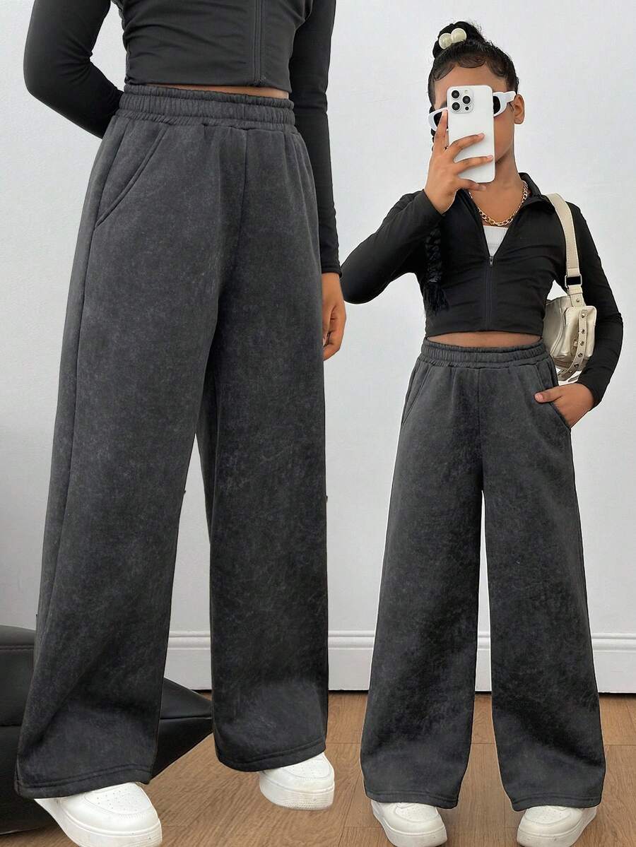 Sparklyn Tween Girls' Casual All-Match Versatile Street Pocket Loose Wide Leg Elastic Waist Washed Snow Fleece Sweatpants Fall Winter - Black - View 1