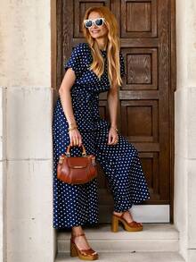 Solivie 波點圖案蝙蝠袖腰帶闊腿連體褲 - 藏蓝色 - 查看 5