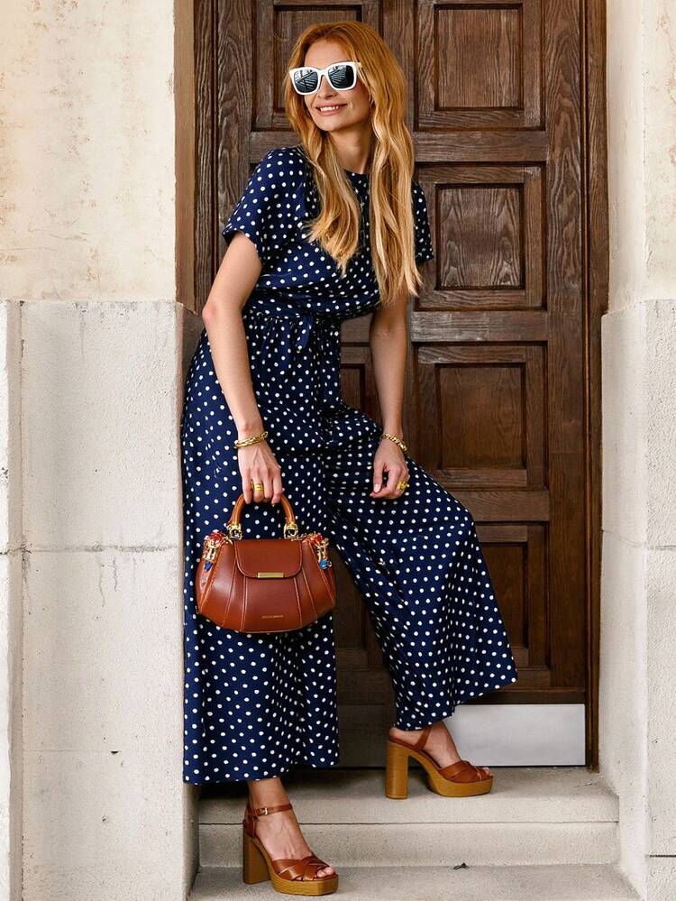 Polka Dot Print Batwing Sleeve Belted Wide Leg Jumpsuit