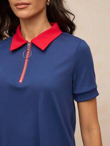 Activina Women's Contrast Color Short Sleeve Zipper Design Casual Fitness Sports Polo Shirt - Blue - View 6