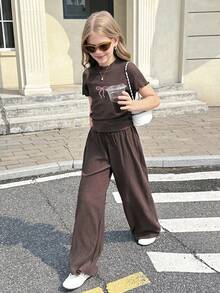 SHEIN Tween Girl 纯咖啡色纹理针织侧褶小高领贴身短袖上衣和阔腿裤 2 件套 - 咖啡棕 - 查看 1