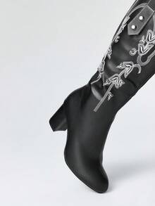 ROMWE Fairycore Bottes western noires en PU à motif brodé au-dessus du genou pour femmes - Noir - Voir 3