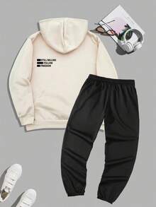 Manfinity Homme 经典卡其色和黑色连帽衫套装，保暖内衬，适合通勤和休闲穿着，“依然愿意追随自由”印花，搭配黑色运动裤，百搭休闲。时尚精致，也是送给男友的绝佳礼物。男士连帽衫套装，长袖套装，男士两件套，旅行套装 - 彩色 - 查看 4