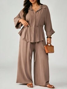 Nubod Plus Size Casual Loose Batwing Sleeve Adjustable Waist Cardigan Shirt Paired With Wide Leg Straight Pants 2 Pieces Set - Apricot - View 6