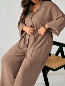 Nubod Plus Size Casual Loose Batwing Sleeve Adjustable Waist Cardigan Shirt Paired With Wide Leg Straight Pants 2 Pieces Set - Apricot - View 7