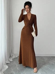 Elenzga 女式纯色V领长袖腰部扭纹设计优雅连衣裙 - 棕色 - 查看 8