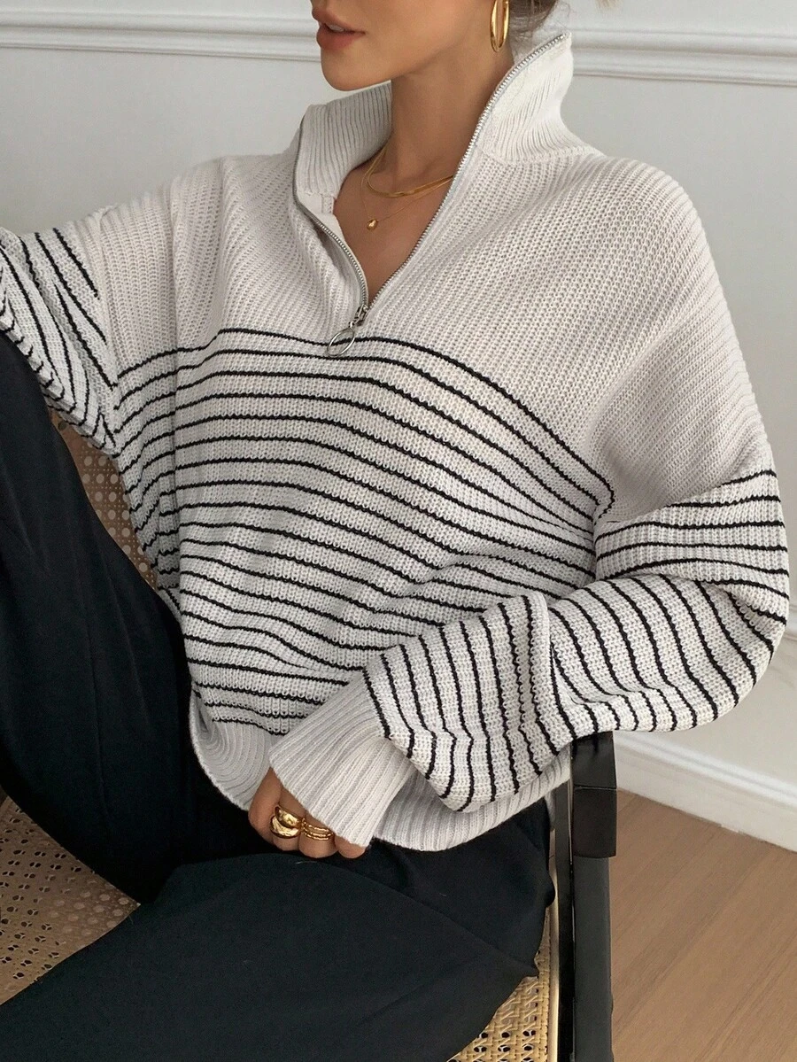 DAZY Stylish Black & White Striped Stand Collar Zip-Up Long Sleeve Sweater, Casual Oversized Pullover For Women Winter - Black and White - View 1