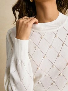 Poéselle Áo len đính hạt cổ tròn tay dài màu trơn thanh lịch cho nữ, phong cách công chúa cho mùa thu/đông - trắng - Xem 3