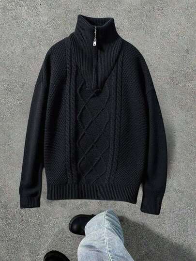 SHEIN Bolty Teen Boys' Basic Back To School Knitwear Casual Comfortable Christmas Versatile Turndown Collar Zip-Up Zipper Cardigan Boys Knit Turtleneck Boys Turtleneck Sweater Winter Clothes Fall