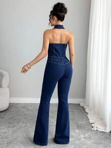 Selianne 女式性感时尚露背挂脖单排扣修身牛仔喇叭连体裤，夏季